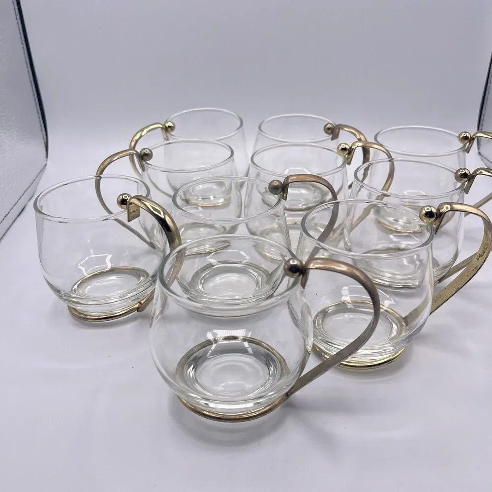 11 Vintage Brass Handled Glass Mugs Mid Century Modern Bar Ware